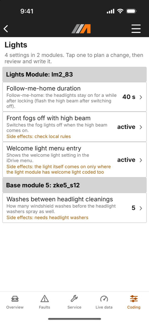 Coding on a 2008 X3 (E83): four light settings in the light and base modules, each in plain English with its value and side effects