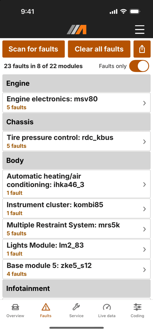 The Faults tab on a 2008 X3 (E83): 23 faults in 8 of 22 modules, grouped Engine, Chassis and Body, each module with its count, and buttons to scan again and clear all faults