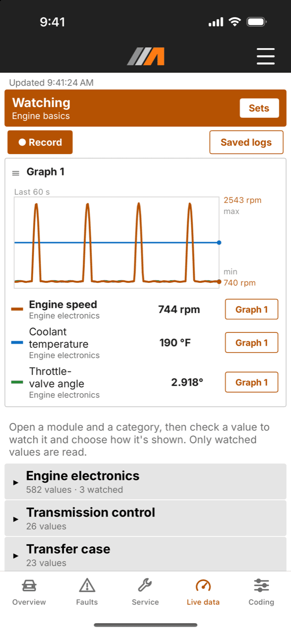 Live data on a 2008 X3 (E83): engine speed, coolant temperature and throttle angle on one graph over the last 60 seconds, with their current values