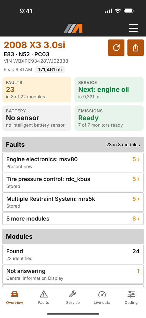 AutoLingo for BMW on an iPhone: the Overview of a 2008 X3 3.0si with 171,461 miles after a scan, with buttons to read again and share, tiles for 23 faults in 8 of 22 modules, the next service (engine oil in 9,321 miles), the battery (no sensor) and emissions (ready, 7 of 7 monitors), then the modules with faults and one module that isn't answering (the Central Information Display), and the Overview, Faults, Service, Live data and Coding tabs at the bottom